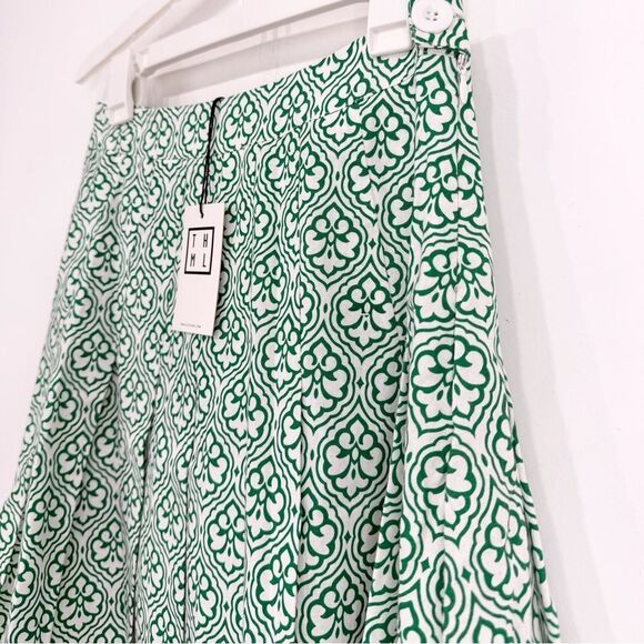 THML Green White Fleur Print 100% Cotton A line Pleated Mini Skirt NEW - Picture 8 of 16